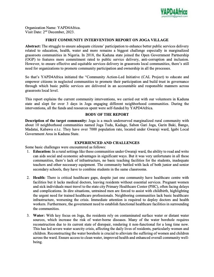 First page of the Joga Village community intervention report