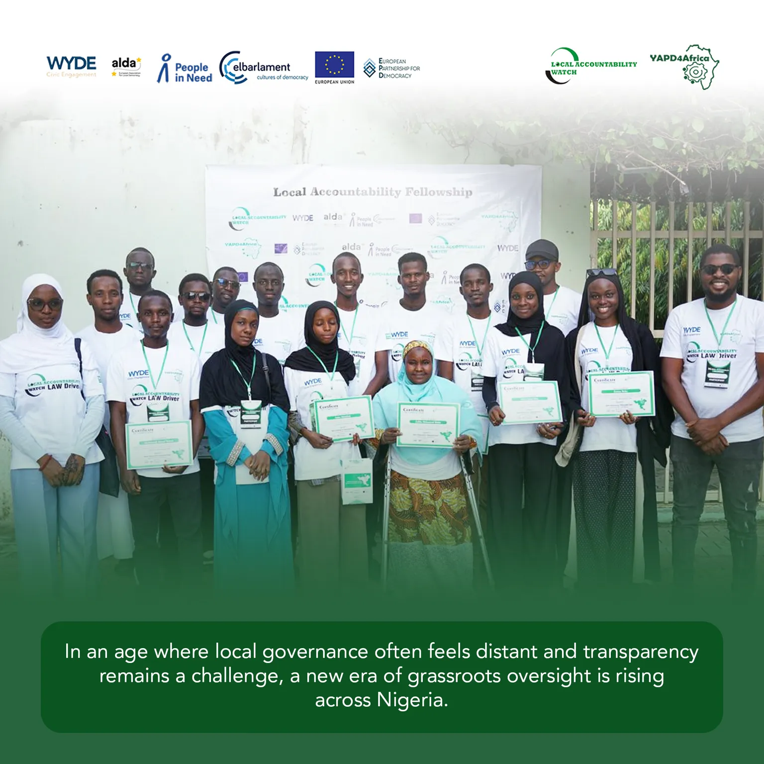 LAW Drivers of the Local Accountability Fellowship holding their certificates